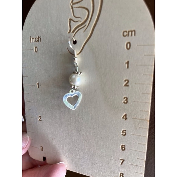 Earrings Heart Silver Tone White Bead Drop Hook Handmade Cottage Love Boho Chic - Picture 8 of 11